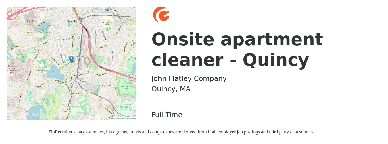 John Flatley Company job posting for a Onsite apartment cleaner - Quincy in Quincy, MA with a salary of $15 to $17 Hourly with a map of Quincy location.
