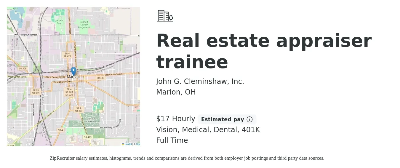 John G. Cleminshaw, Inc. job posting for a Real estate appraiser trainee in Marion, OH with a salary of $18 Hourly and benefits including 401k, dental, medical, and vision with a map of Marion location.