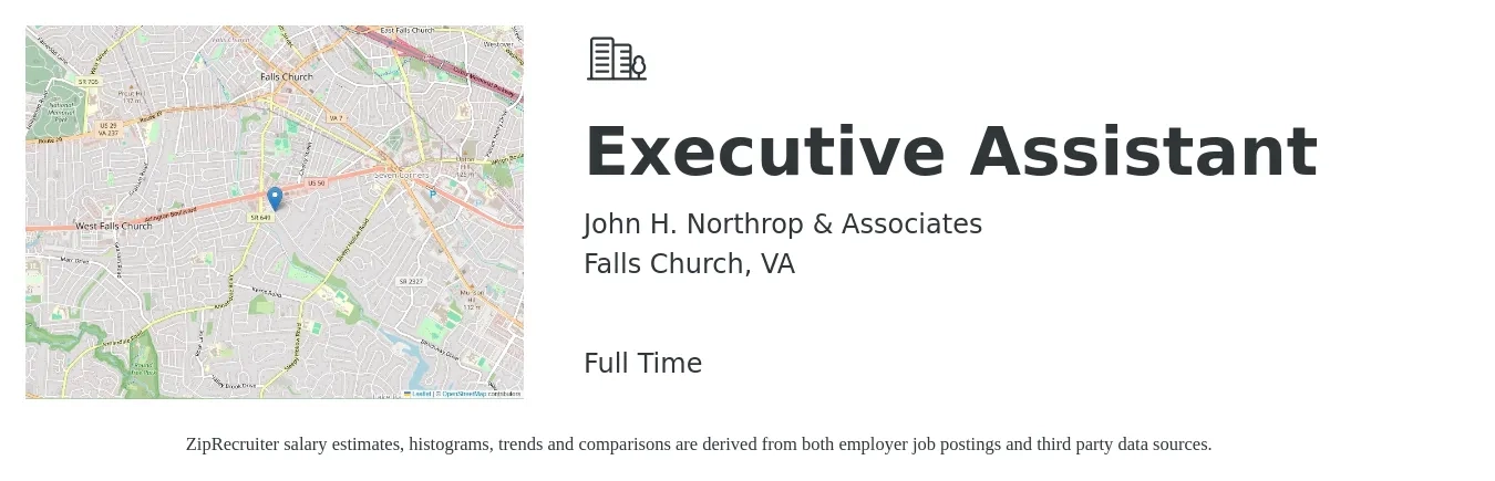 John H. Northrop & Associates job posting for a Executive Assistant in Falls Church, VA with a salary of $53,300 to $80,000 Yearly with a map of Falls Church location.