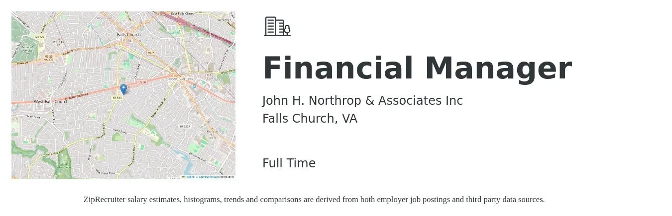 John H. Northrop & Associates job posting for a Financial Manager in Falls Church, VA with a salary of $100,800 to $179,200 Yearly with a map of Falls Church location.