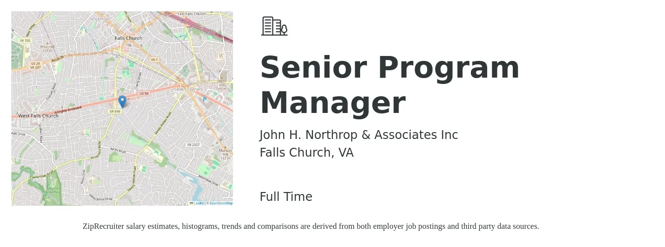 John H. Northrop & Associates job posting for a Senior Program Manager in Falls Church, VA with a salary of $123,700 to $124,300 Yearly with a map of Falls Church location.