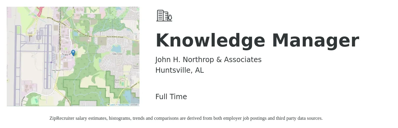 John H. Northrop & Associates job posting for a Knowledge Manager in Huntsville, AL with a salary of $66,400 to $104,100 Yearly with a map of Huntsville location.