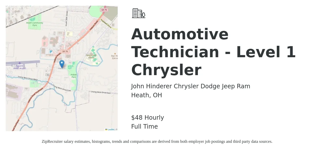 John Hinderer Chrysler Dodge Jeep Ram job posting for a Automotive Technician - Level 1 Chrysler in Heath, OH with a salary of $50 Hourly with a map of Heath location.