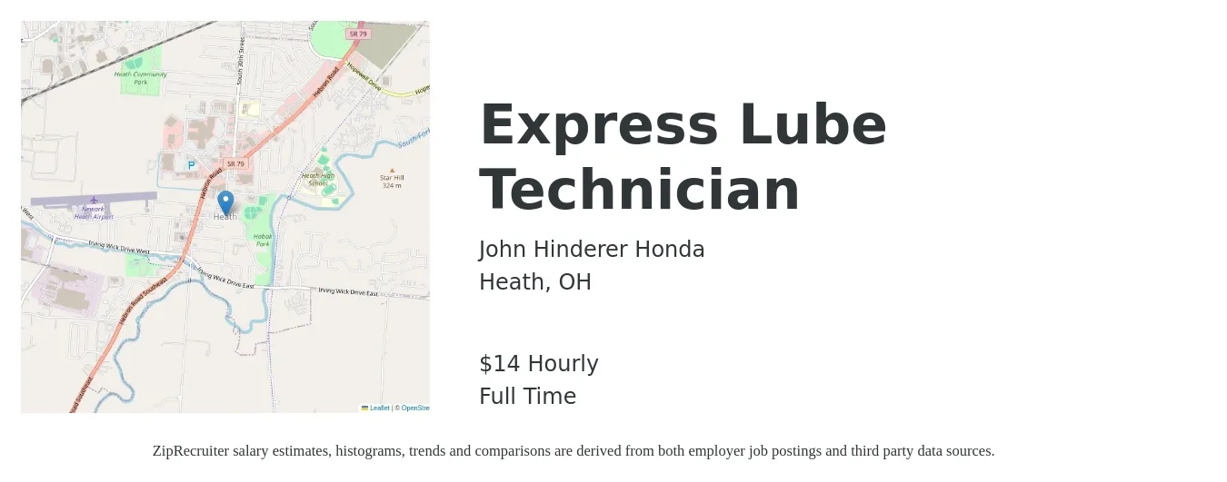 John Hinderer Honda job posting for a Express Lube Technician in Heath, OH with a salary of $15 Hourly with a map of Heath location.