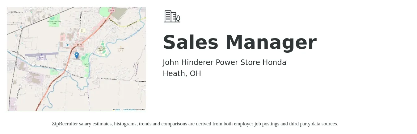 John Hinderer Power Store Honda job posting for a Sales Manager in Heath, OH with a salary of $41,400 to $88,700 Yearly with a map of Heath location.