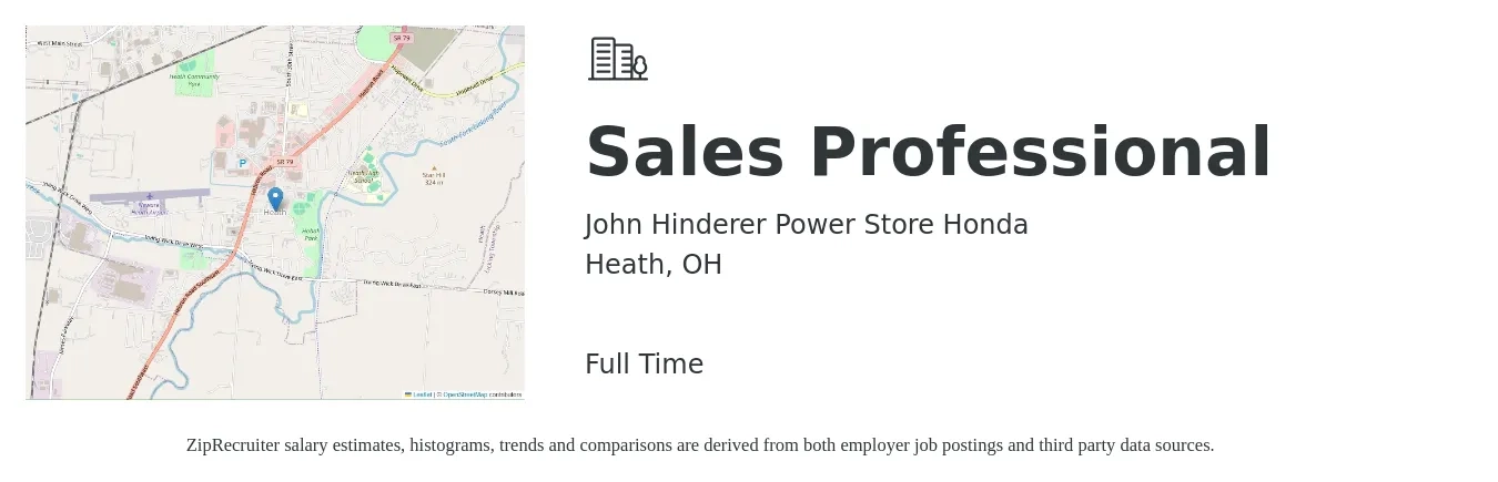 John Hinderer Power Store Honda job posting for a Sales Professional in Heath, OH with a salary of $48,700 to $88,700 Yearly with a map of Heath location.