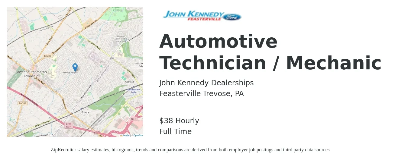 John Kennedy Dealerships job posting for a Automotive Technician / Mechanic in Feasterville-Trevose, PA with a salary of $40 Hourly with a map of Feasterville-Trevose location.