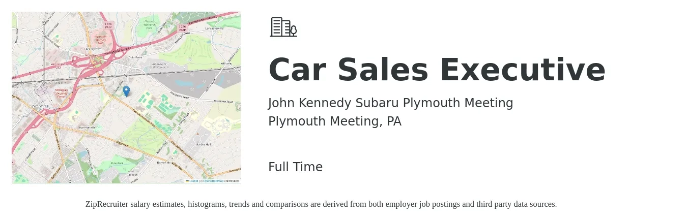 John Kennedy Subaru Plymouth Meeting job posting for a Car Sales Executive in Plymouth Meeting, PA with a map of Plymouth Meeting location.