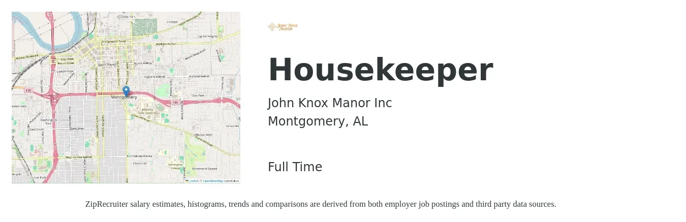 John Knox Manor Inc job posting for a Housekeeper in Montgomery, AL with a salary of $12 to $15 Hourly with a map of Montgomery location.
