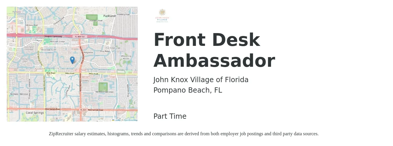 John Knox Village of Florida job posting for a Front Desk Ambassador in Pompano Beach, FL with a salary of $13 to $17 Hourly with a map of Pompano Beach location.