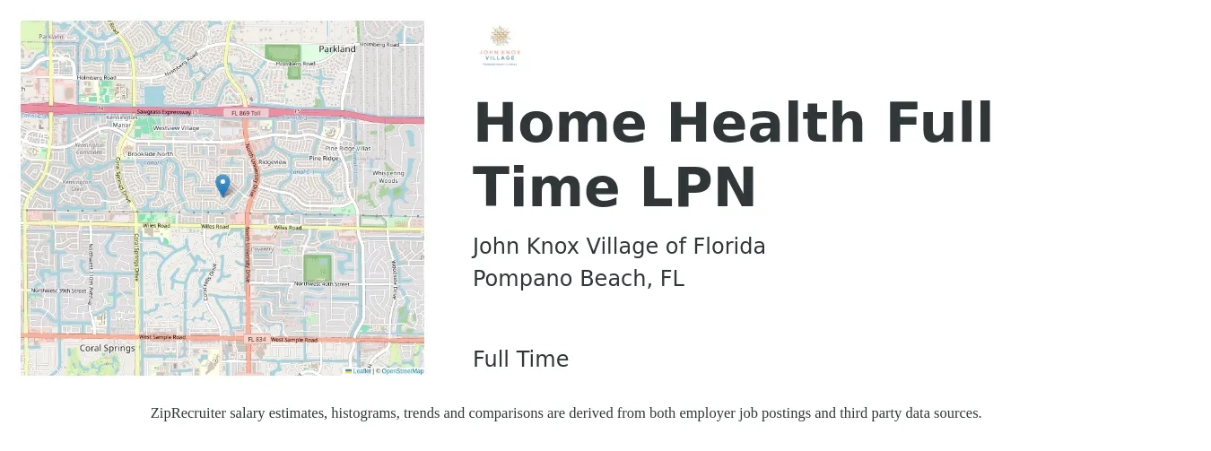 John Knox Village of Florida job posting for a Home Health Full Time LPN in Pompano Beach, FL with a salary of $24 to $32 Hourly with a map of Pompano Beach location.