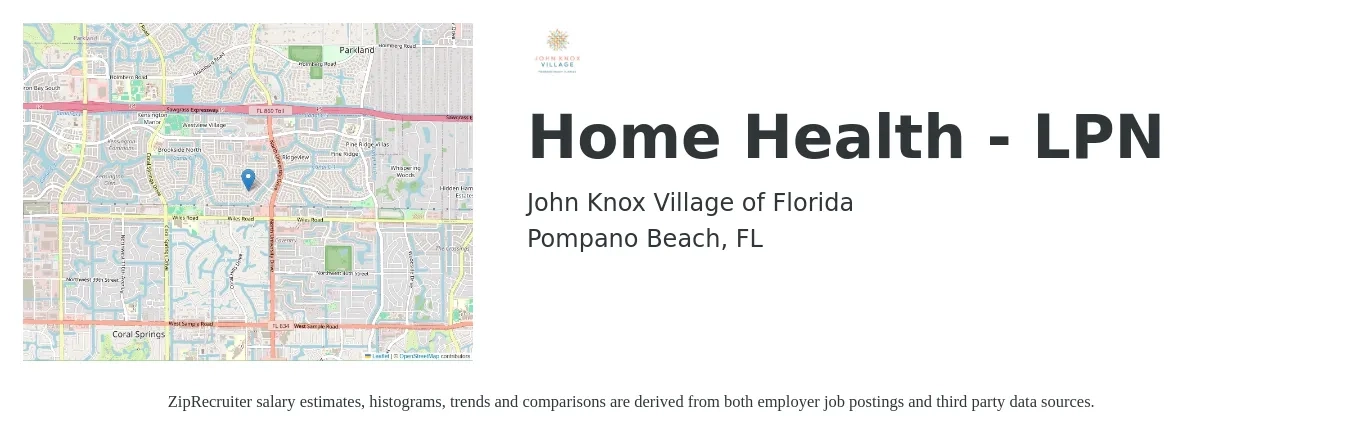 John Knox Village of Florida job posting for a Home Health - LPN in Pompano Beach, FL with a salary of $24 to $32 Hourly with a map of Pompano Beach location.