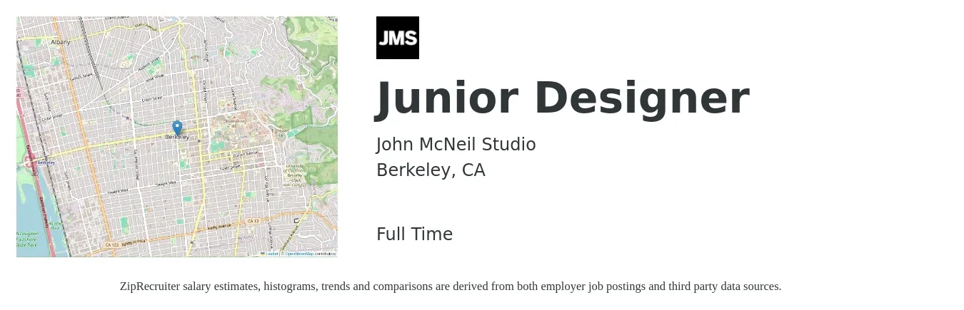 John McNeil Studio job posting for a Junior Designer in Berkeley, CA with a salary of $25 Hourly with a map of Berkeley location.