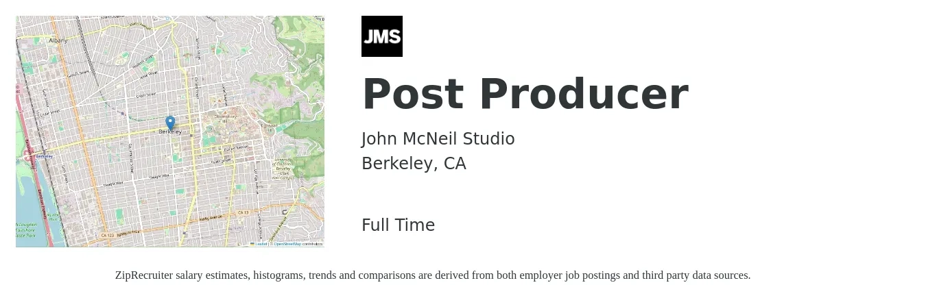 John McNeil Studio job posting for a Post Producer in Berkeley, CA with a salary of $80,000 to $100,000 Yearly with a map of Berkeley location.