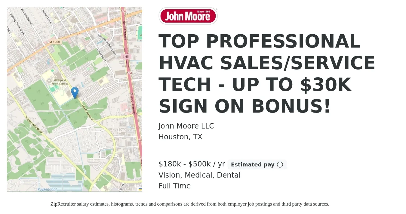 John Moore LLC job posting for a TOP PROFESSIONAL HVAC SALES/SERVICE TECH - UP TO $30K SIGN ON BONUS! in Houston, TX with a salary of $180,000 to $500,000 Yearly and benefits including vision, dental, life_insurance, medical, and retirement with a map of Houston location.