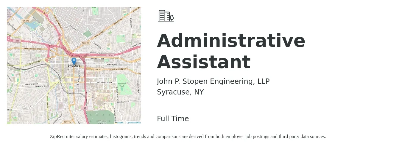 John P. Stopen Engineering, LLP job posting for a Administrative Assistant in Syracuse, NY with a salary of $18 to $24 Hourly with a map of Syracuse location.