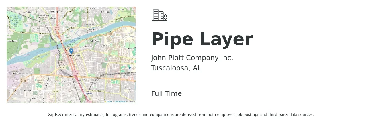 John Plott Company Inc. job posting for a Pipe Layer in Tuscaloosa, AL with a salary of $16 to $21 Hourly with a map of Tuscaloosa location.