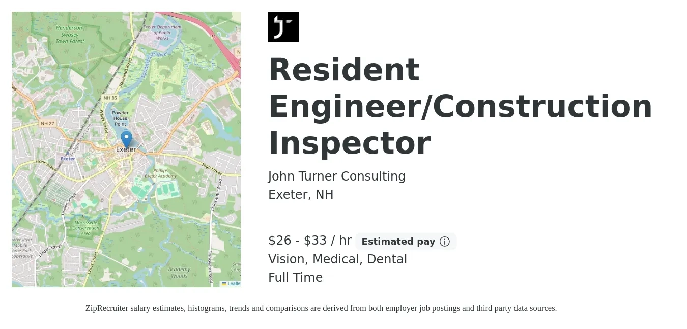 John Turner Consulting job posting for a Resident Engineer/Construction Inspector in Exeter, NH with a salary of $28 to $35 Hourly and benefits including retirement, vision, dental, life_insurance, medical, and pto with a map of Exeter location.