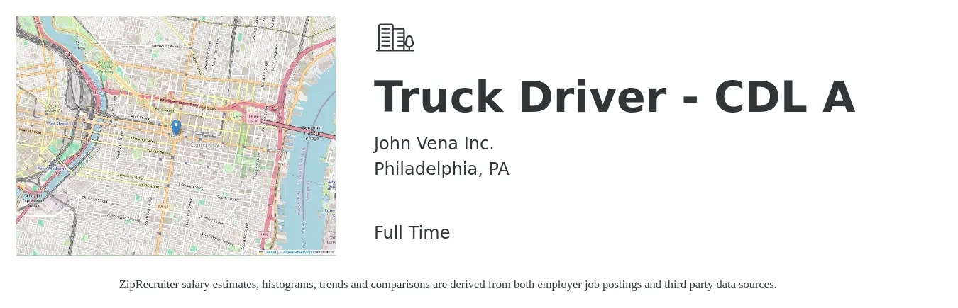 John Vena Inc. job posting for a Truck Driver - CDL A in Philadelphia, PA with a salary of $24 Hourly with a map of Philadelphia location.