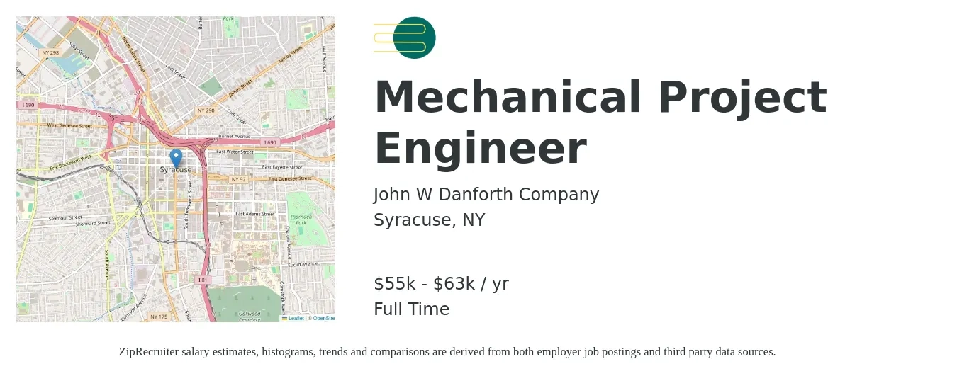 John W Danforth Company job posting for a Mechanical Project Engineer in Syracuse, NY with a salary of $55,000 to $63,000 Yearly with a map of Syracuse location.