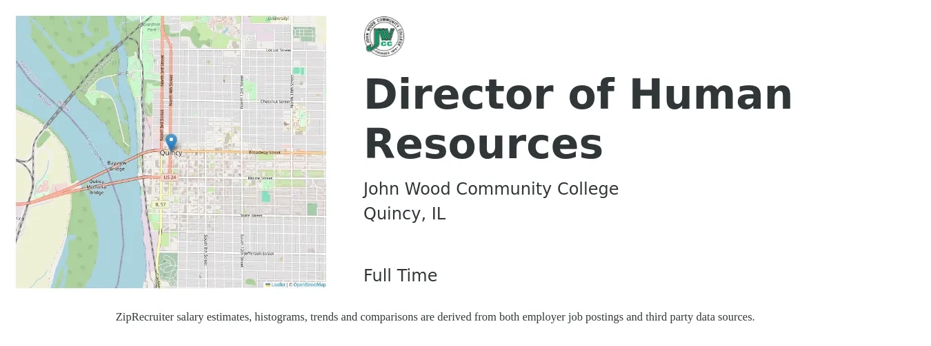 John Wood Community College job posting for a Director of Human Resources in Quincy, IL with a salary of $88,400 to $136,300 Yearly with a map of Quincy location.