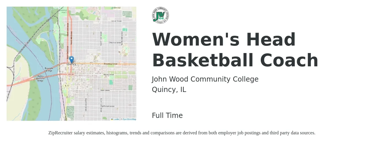 John Wood Community College job posting for a Women's Head Basketball Coach in Quincy, IL with a salary of $16 to $30 Hourly with a map of Quincy location.