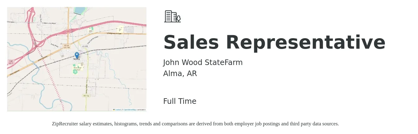 John Wood StateFarm job posting for a Sales Representative in Alma, AR with a salary of $50,800 to $88,400 Yearly with a map of Alma location.