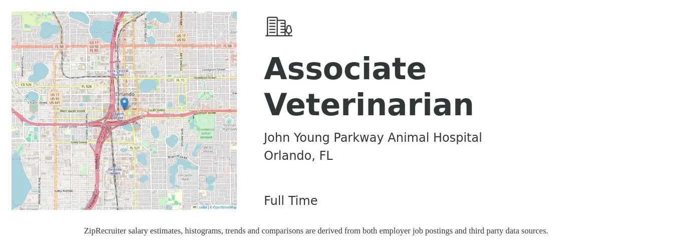John Young Parkway Animal Hospital job posting for a Associate Veterinarian in Orlando, FL with a salary of $95,500 to $154,200 Yearly with a map of Orlando location.