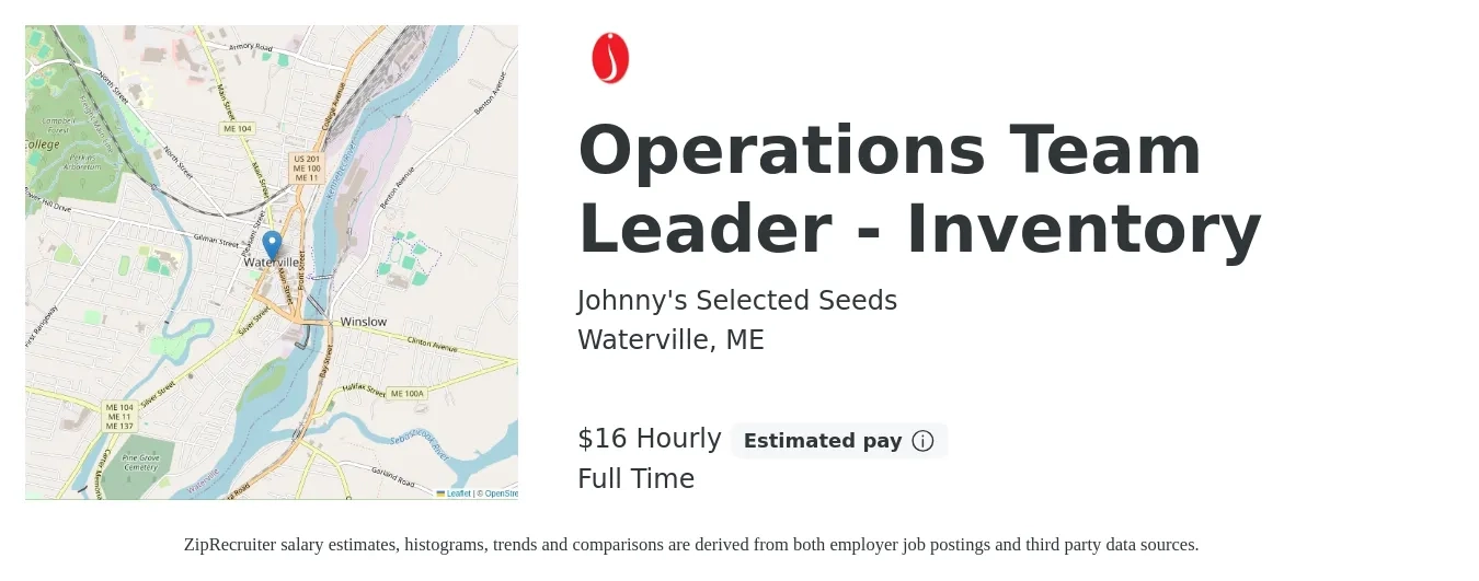 Johnny's Selected Seeds job posting for a Operations Team Leader - Inventory in Waterville, ME with a salary of $17 Hourly with a map of Waterville location.