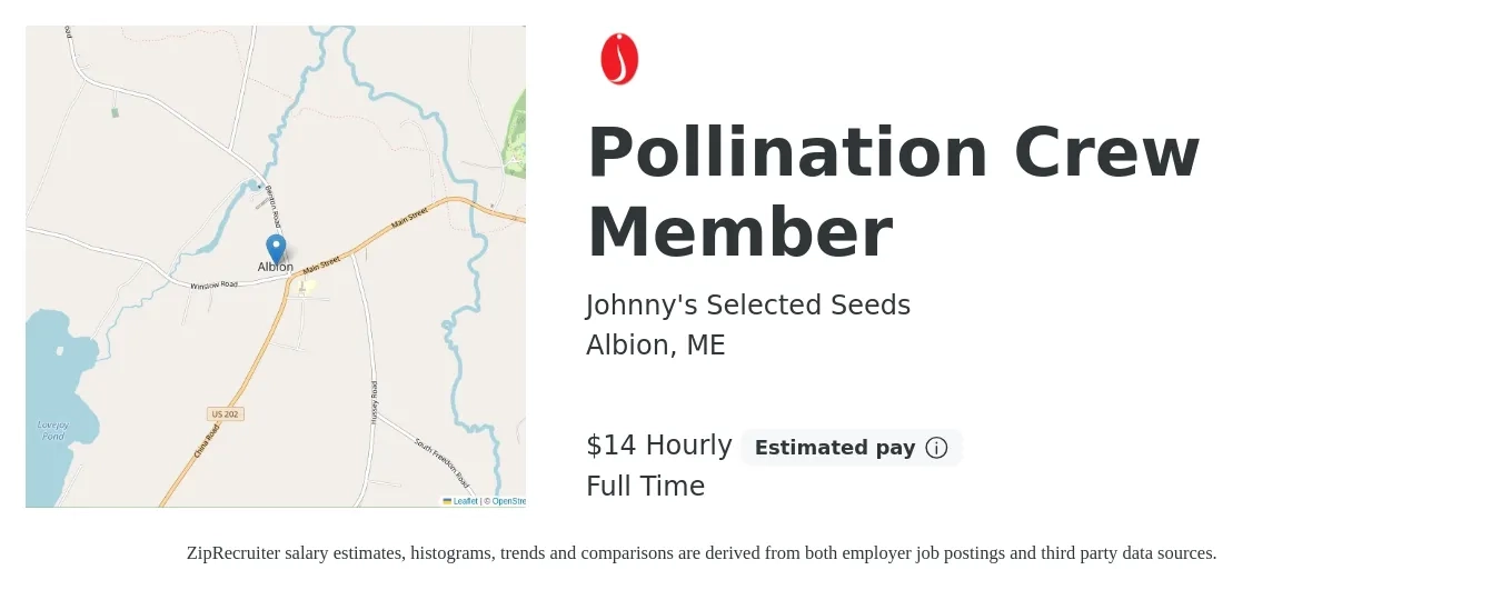 Johnny's Selected Seeds job posting for a Pollination Crew Member in Albion, ME with a salary of $15 Hourly with a map of Albion location.