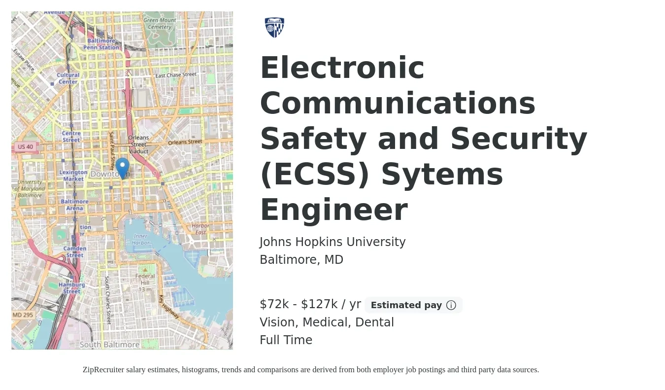 Johns Hopkins University job posting for a Electronic Communications Safety and Security (ECSS) Sytems Engineer in Baltimore, MD with a salary of $72,600 to $127,000 Yearly and benefits including vision, dental, life_insurance, medical, and retirement with a map of Baltimore location.