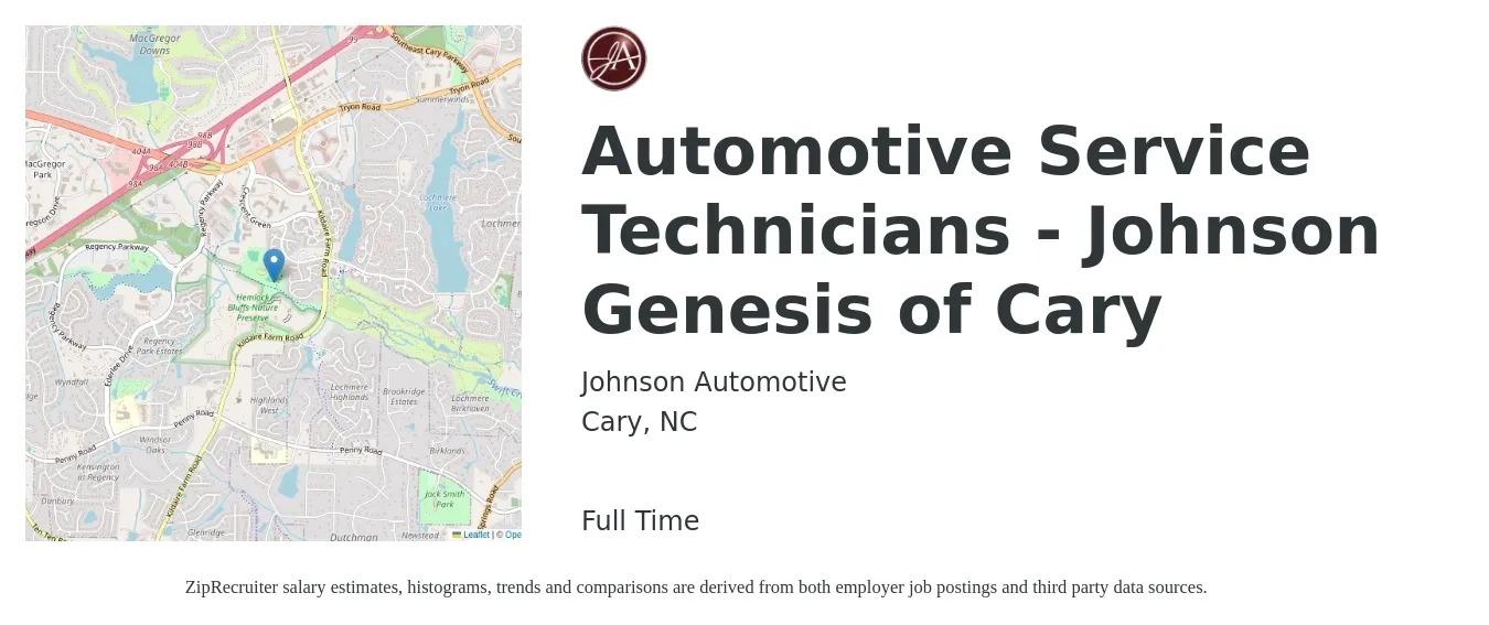 Johnson Automotive job posting for a Automotive Service Technicians - Johnson Genesis of Cary in Cary, NC with a salary of $19 to $30 Hourly with a map of Cary location.