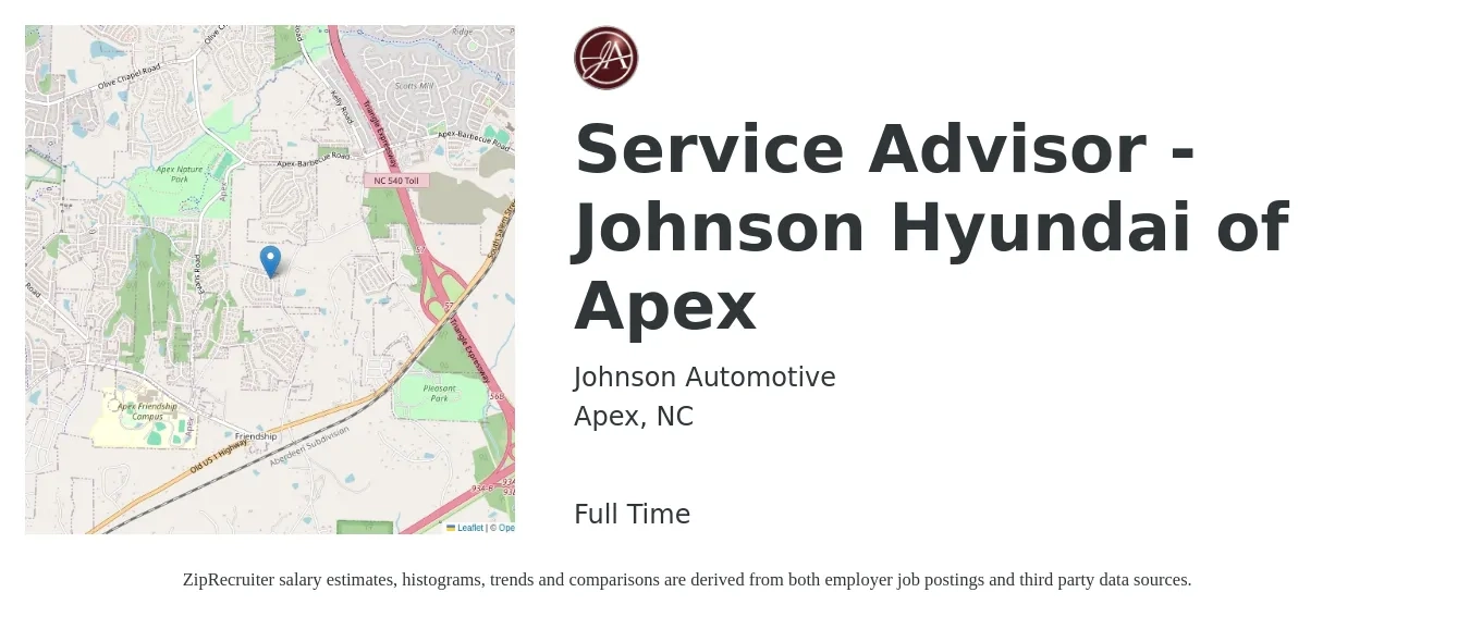 Johnson Automotive job posting for a Service Advisor - Johnson Hyundai of Apex in Apex, NC with a salary of $18 to $28 Hourly with a map of Apex location.