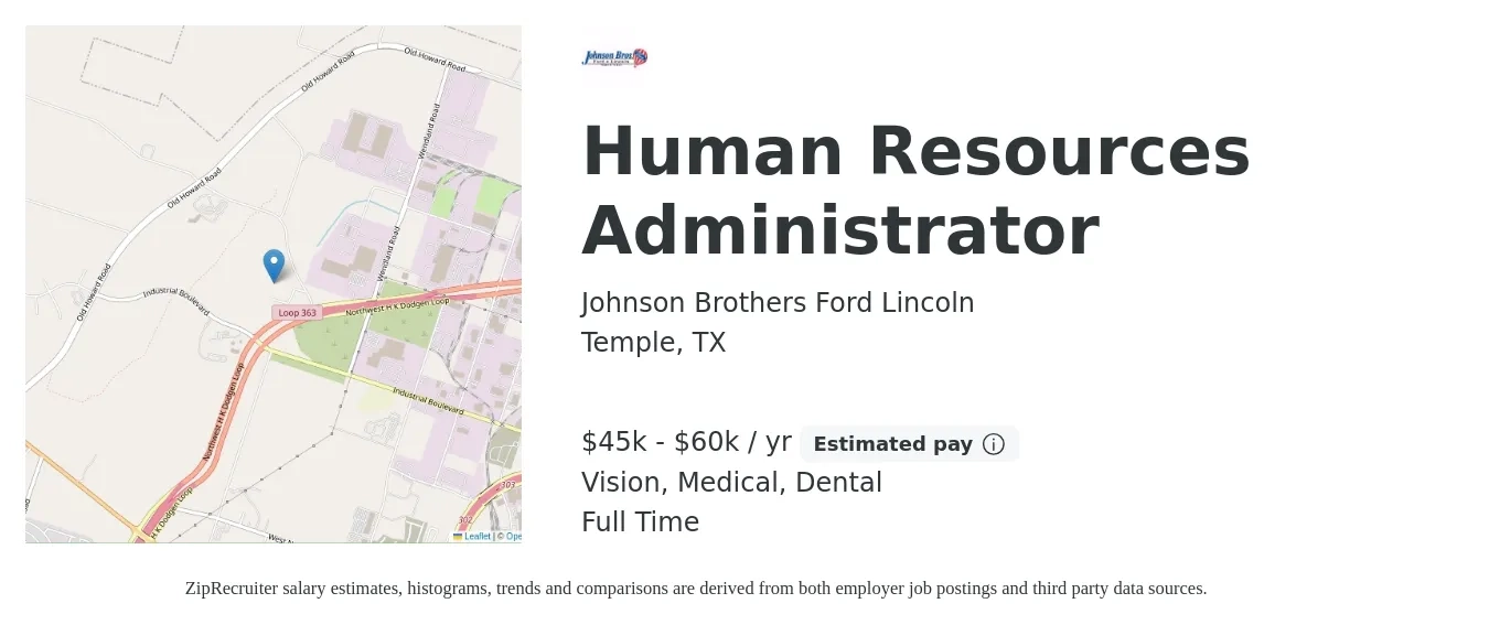 Johnson Brothers Ford Lincoln job posting for a Human Resources Administrator in Temple, TX with a salary of $45,000 to $60,000 Yearly and benefits including medical, pto, retirement, vision, dental, and life_insurance with a map of Temple location.