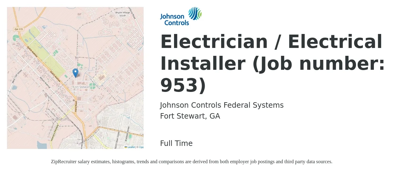 Johnson Controls Federal Systems job posting for a Electrician / Electrical Installer (Job number: 953) in Fort Stewart, GA with a salary of $22 to $33 Hourly with a map of Fort Stewart location.