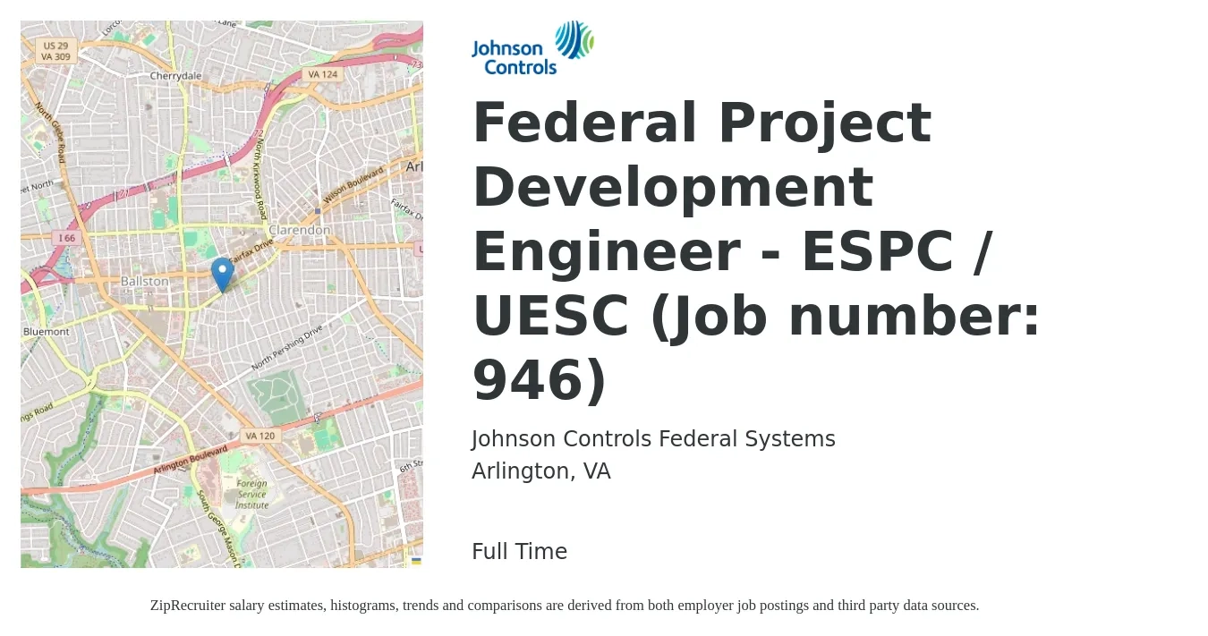 Johnson Controls Federal Systems job posting for a Federal Project Development Engineer - ESPC / UESC (Job number: 946) in Arlington, VA with a salary of $110,000 to $175,000 Yearly with a map of Arlington location.