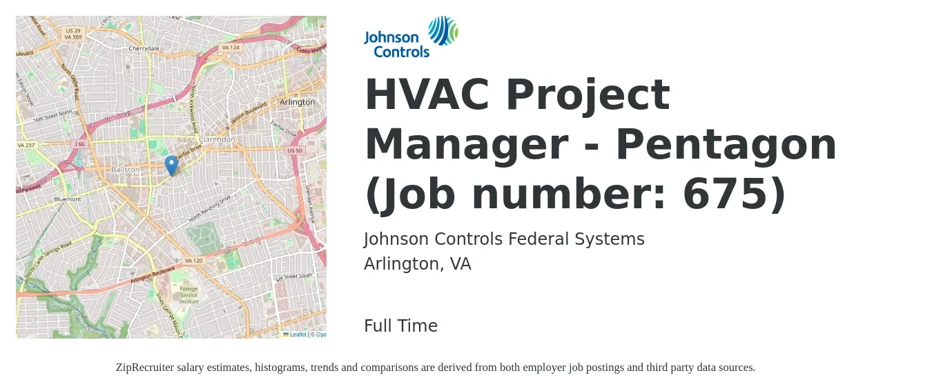 Johnson Controls Federal Systems job posting for a HVAC Project Manager - Pentagon (Job number: 675) in Arlington, VA with a salary of $91,400 to $128,000 Yearly with a map of Arlington location.