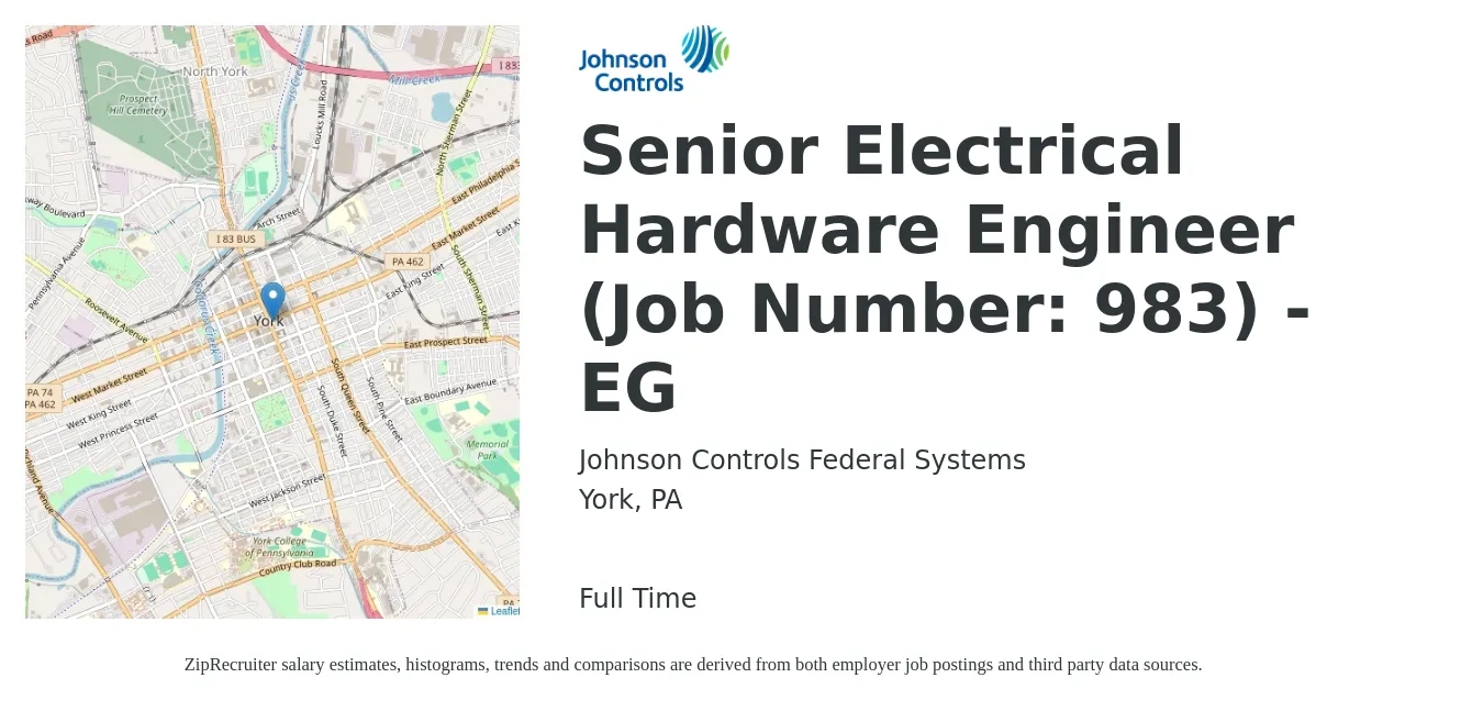 Johnson Controls Federal Systems job posting for a Senior Electrical Hardware Engineer (Job Number: 983) - EG in York, PA with a salary of $93,500 to $139,300 Yearly with a map of York location.