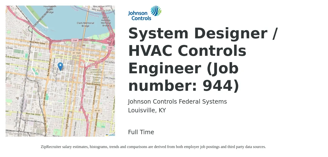 Johnson Controls Federal Systems job posting for a System Designer / HVAC Controls Engineer (Job number: 944) in Louisville, KY with a salary of $73,700 to $95,600 Yearly with a map of Louisville location.