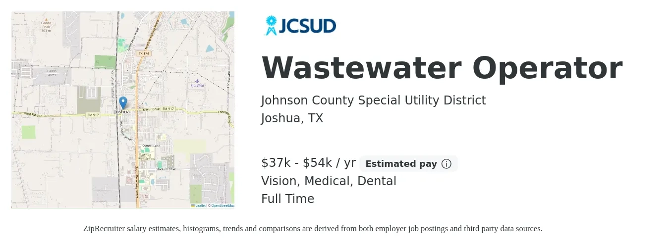 Johnson County Special Utility District job posting for a Wastewater Operator in Joshua, TX with a salary of $37,000 to $54,000 Yearly and benefits including dental, life_insurance, medical, pto, retirement, and vision with a map of Joshua location.