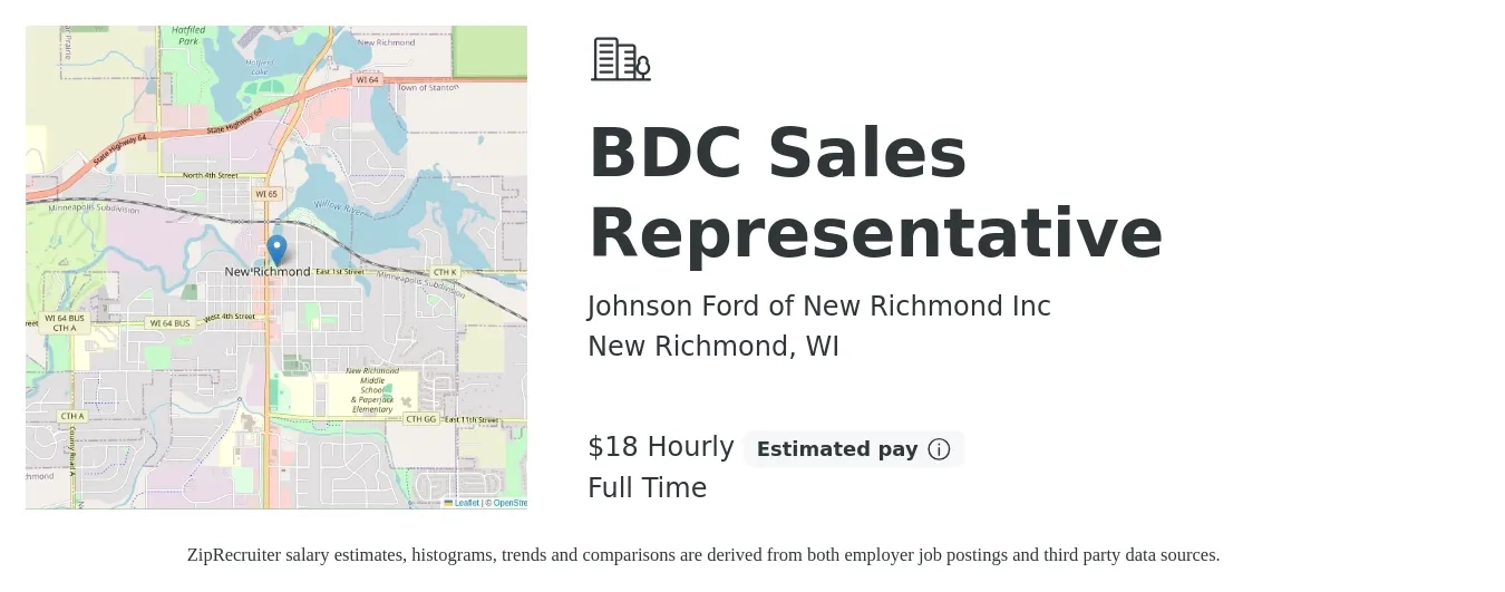 Johnson Ford of New Richmond Inc job posting for a BDC Sales Representative in New Richmond, WI with a salary of $19 Hourly with a map of New Richmond location.