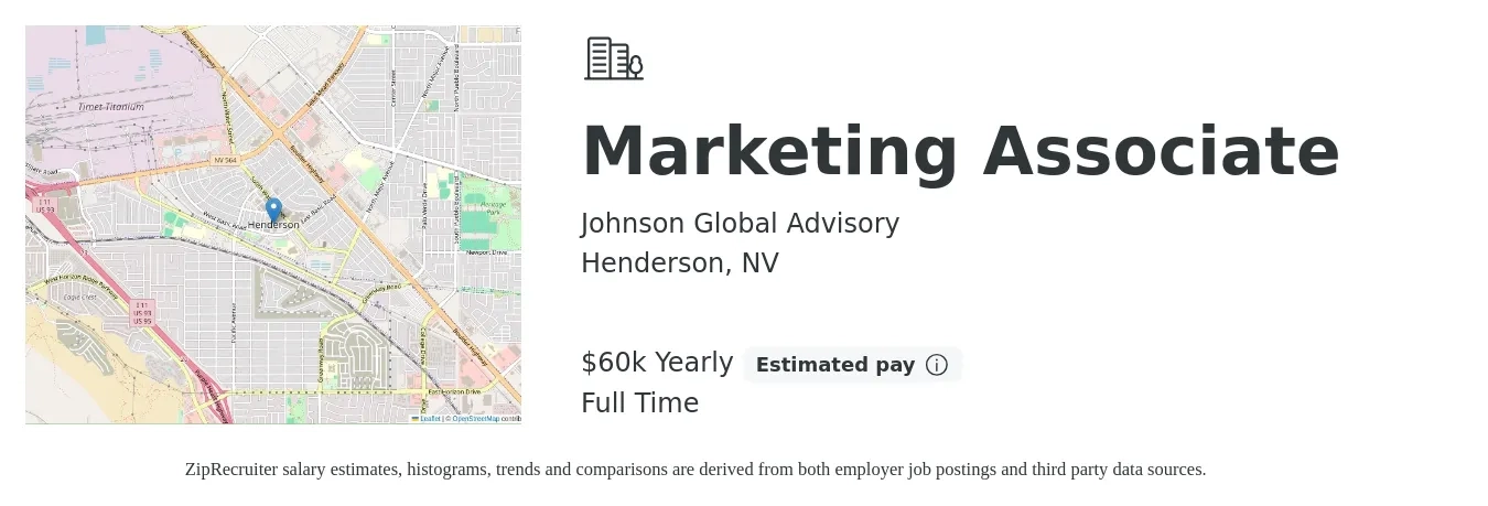 Johnson Global Advisory job posting for a Marketing Associate in Henderson, NV with a salary of $60,000 Yearly with a map of Henderson location.