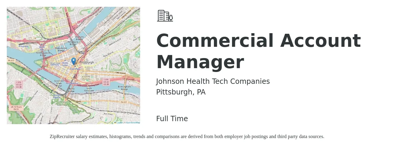 Johnson Health Tech Companies job posting for a Commercial Account Manager in Pittsburgh, PA with a salary of $50,000 to $78,200 Yearly with a map of Pittsburgh location.