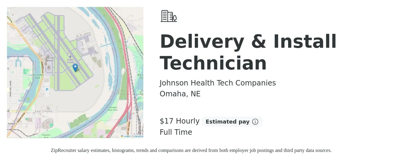 Johnson Health Tech Companies job posting for a Delivery & Install Technician in Omaha, NE with a salary of $18 Hourly with a map of Omaha location.