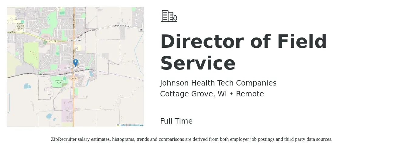Johnson Health Tech Companies job posting for a Director of Field Service in Cottage Grove, WI with a salary of $56,800 to $133,100 Yearly with a map of Cottage Grove location.