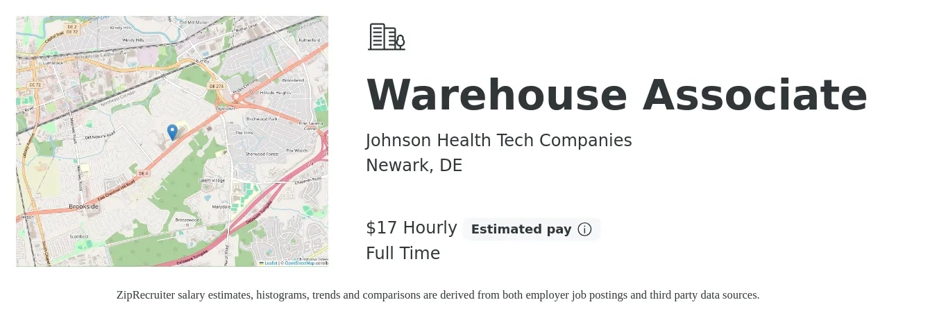 Johnson Health Tech Companies job posting for a Warehouse Associate in Newark, DE with a salary of $18 Hourly with a map of Newark location.
