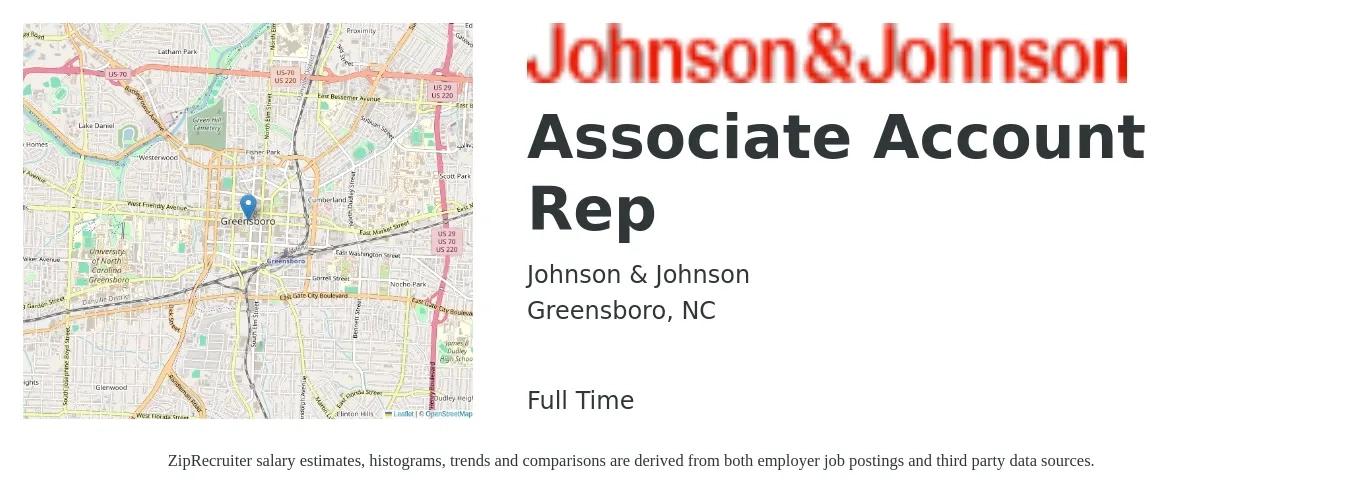 Johnson & Johnson job posting for a Associate Account Rep in Greensboro, NC with a salary of $46,000 to $62,500 Yearly with a map of Greensboro location.