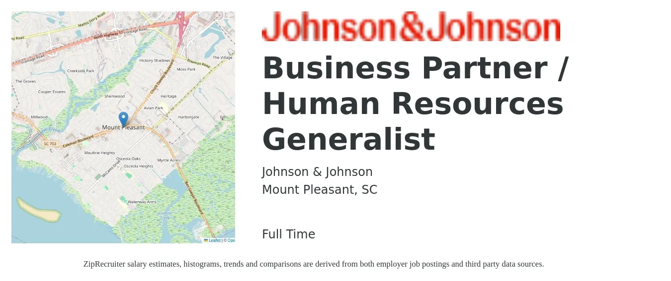 Johnson & Johnson job posting for a Business Partner / Human Resources Generalist in Mount Pleasant, SC with a salary of $68,700 to $97,800 Yearly with a map of Mount Pleasant location.