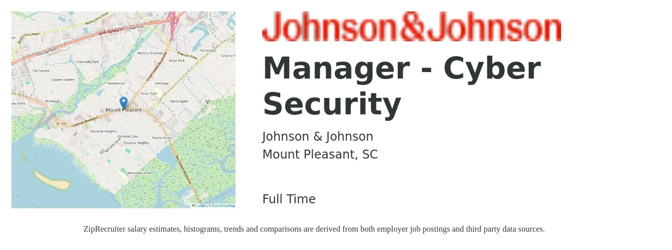 Johnson & Johnson job posting for a Manager - Cyber Security in Mount Pleasant, SC with a salary of $105,900 to $143,100 Yearly with a map of Mount Pleasant location.