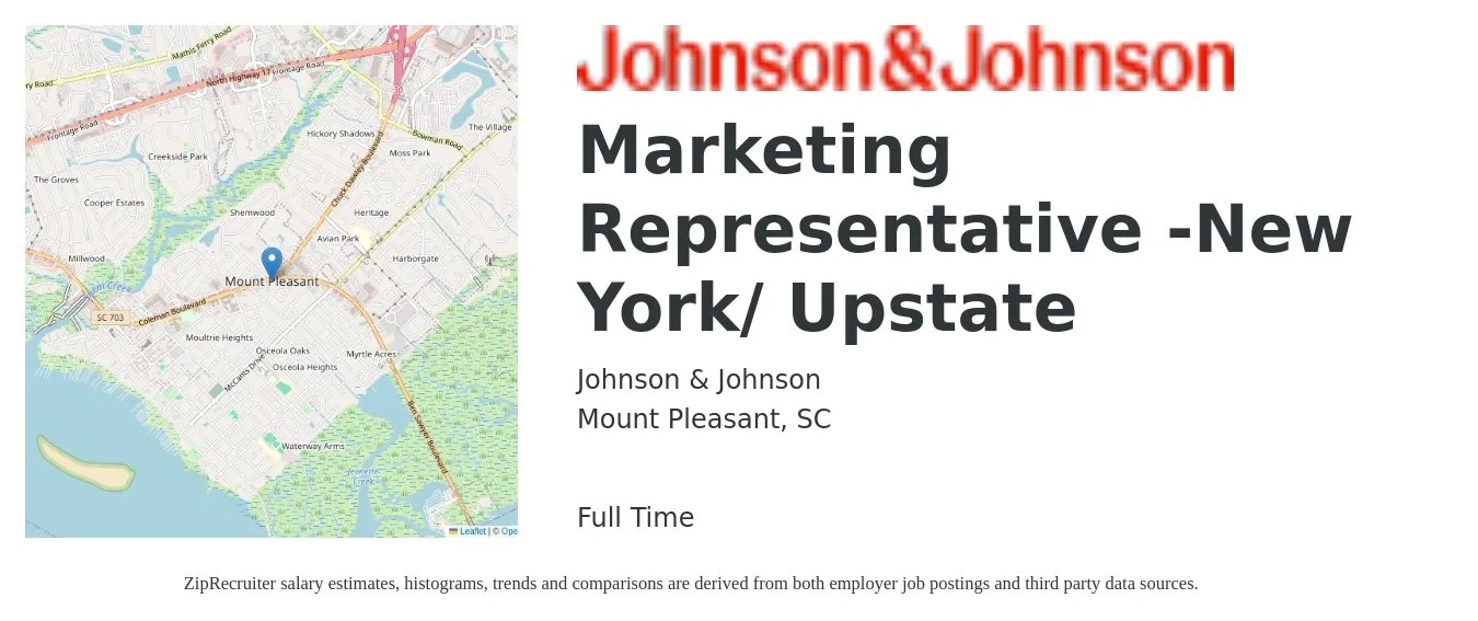 Johnson & Johnson job posting for a Marketing Representative -New York/ Upstate in Mount Pleasant, SC with a salary of $36,300 to $51,100 Yearly with a map of Mount Pleasant location.